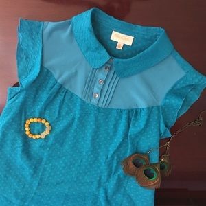 ModCloth Preppy Teal Polka Dot Collared Blouse